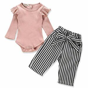 Newborn Baby Girl Clothes Solid Color Romper + Stripe Pants 2PCS Winter Outfit Set
