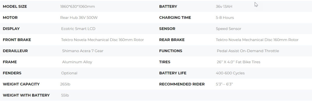 e-bike specification