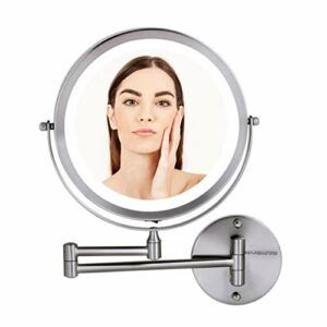 Ovente Wall Mounted Vanity Makeup Mirror 8.5 Inch with 10X Magnification and LED Light, 360 Degree Swivel Rotation with Distortion Free View